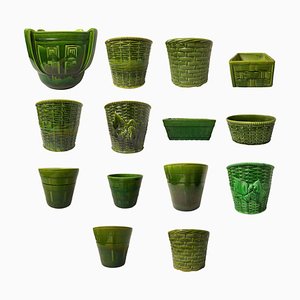 English Bretby & Other Emerald Green Cache Pots, 1880s, Set of 14