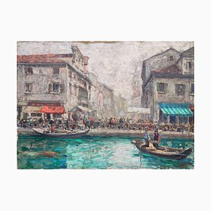 Luigi Pagan, Market of Chioggia, 1920s, Oil on Canvas, Framed