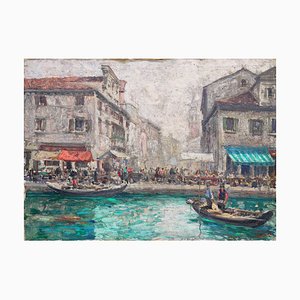 Luigi Pagan, Market of Chioggia, años 20, óleo sobre lienzo, enmarcado