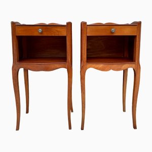 20th Marquetry Walnut Nightstands Tables with Drawer and Open Shelf, 1940, Set of 2