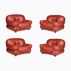 Lounge Chairs in Red Leather attributed to Sapporo for Mobil Girgi, Italy 1970s, Set of 4