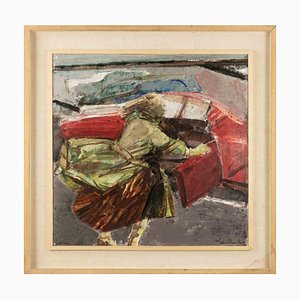 Americo Mazzotta, Woman and the Car, pintura al óleo, finales del siglo XX, enmarcado
