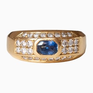 Vintage 18k Gold Ring with Blue Topaz and Diamonds
