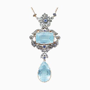 Aquamarin, Tansanit, Saphire, Diamanten, Roségold und Silber Halskette, 1960er