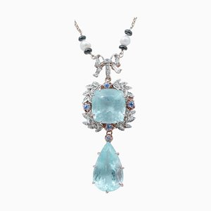 Aquamarine, Sapphires, Diamonds, Onyx, Pearls, Rose Gold and Silver Pendant Necklace, 1960s