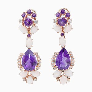 Coral, Amethysts, Hydrothermal Amethysts, Diamonds,14kt Rose Gold Dangle Earrings, 1960s, Set of 2