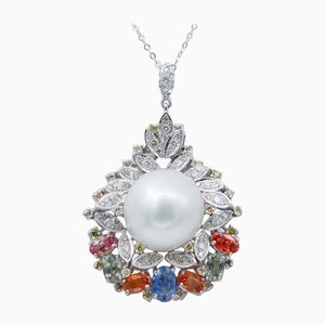 South-Sea Pearl, Multicolor Sapphires, Diamonds,14 Kt White Gold Pendant Necklace, 1970s