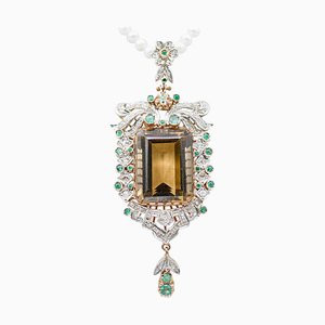 Hydrothermal Topaz, Emeralds, Diamonds, Pearls, Gold and Silver Pendant Necklace, 1960s
