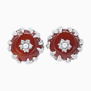 Boucles d'Oreilles en Cornaline, Diamants, Perles, Or Blanc et Rose 14 Carats, 1960s, Set de 2