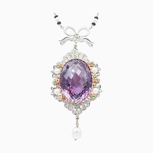 Amethyst,tsavorite, Diamonds, Onyx, Pearls, 14kt Gold and Silver Pendant Necklace, 1960s