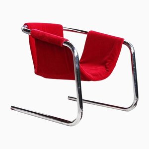 Postmodern Chrome & Red Velvet Sling Lounge Chair by Duncan Burke & Gunter Eberle for Vecta, 1970s