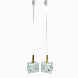 German Pendant Lamps with Structured Glass and Brass Cylinder, 1960s, Set of 2