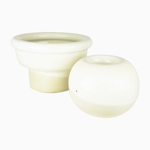 Italian White & Beige Glazed Ceramic Cache Pot & Vase by Bucci, 1980s, Set of 2