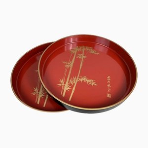 Trays in Lacquered Wood with Bamboo Decoration, 1970s, Set of 2