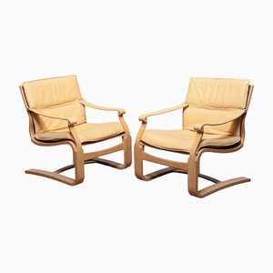 Fauteuils en Bois Courbé avec Cuir Beige / Crème attribués à Ake Fribytter pour Nelo, 1970s, Set de 2