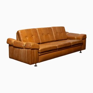 1970s Scandinavian Brutalist Three-Seater Low-Back Sofa in Camel Colored Leather