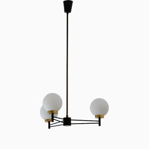 Lampe à Suspension Mid-Century Moderne en Laiton, Fer et Verre Opalin, Italie, 1950s