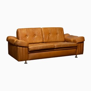 Scandinavian Brutalist Two-Seater Low-Back Sofa in Camel Colored Leather, 1970s