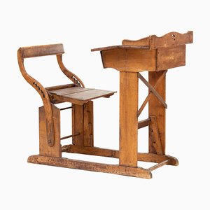 Antique Folklore Childrens School Bench and Desk with Inkholder, 1910s