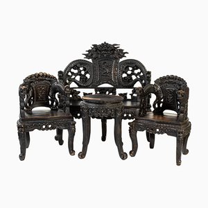 Chinese Carved Wood Living Room Set, 1930s, Set of 4