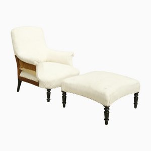 Antique French Napoleon Square Backed Armchair with Matching Footstool, Set of 2