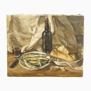 Carlos Tauler, Still Life of Bread and Fish, 20th Century, Oil on Canvas