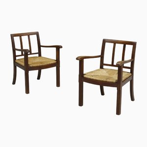 Brutalist Oak and Rush Seated Armchairs, 1940s, Set of 2
