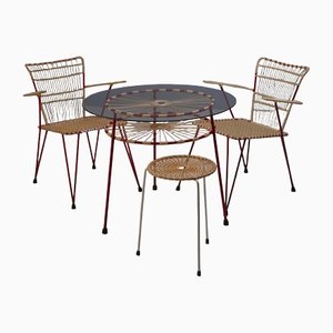 Metal Table, Dining Chairs, and Stool, 1970s, Set of 4