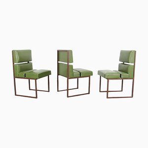 Green Minimalist Leather Chairs, 1970s, Set of 3
