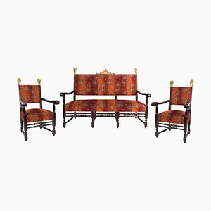 Neo-Renaissance Revival Carved Walnut Armchairs and Canape, 1900s, Set of 3