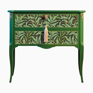Gustavian Style Commode with Green Floral Design and Matching Painted Marble Top, 1950s