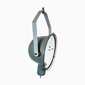 Industrial Grey Enamel Factory Spotlight Hanging Light with Glass Cover, 1950s