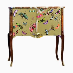 Gustavian Style Commode with Christian Lacroix Gold Butterfly Design and Natural Marble Top, 1950s