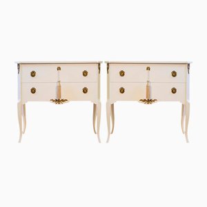 Comò vintage in stile gustaviano bianco con dettagli in ottone, anni '50, set di 2