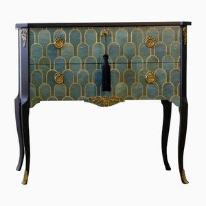 Gustavian Style Commode with Art Deco Green & Gold Design, 1950s