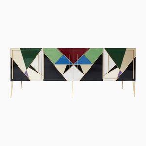 Credenza Mid-Century in legno, ottone e vetro colorato, Italia, anni '50