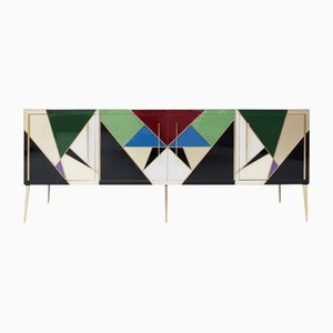 Enfilade Mid-Century de Style Moderne en Bois, Laiton et Verre Coloré, Italie, 1950s
