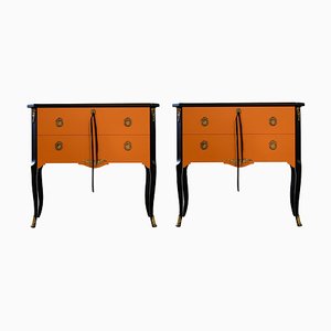 Commodes Style Gustavien Orange et Noir avec Détails en Laiton et Plateaux en Marbre, 1950s, Set de 2