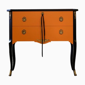 Gustavian Style Commode in Orange & Black with Brass Details, 1950s