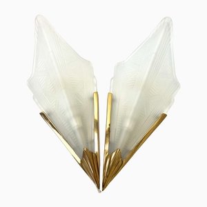 Art Deco Style Triangle Glass Brass Wall Lights Sconces, Sweden, 1980s, Set of 2
