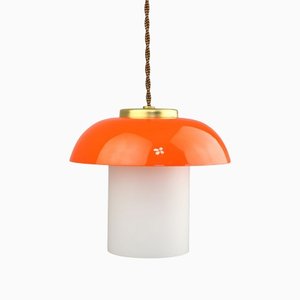 Mid-Century Orange Glass & Brass Mushroom Pendant Lamp