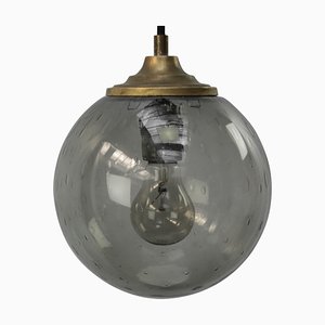 Lampe à Suspension Vintage en Verre Bullé Fumé et Laiton, Pays-Bas
