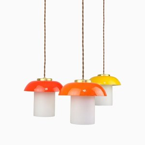 Mid-Century Glass and Brass Mushroom Pendant Lamps, Set of 3