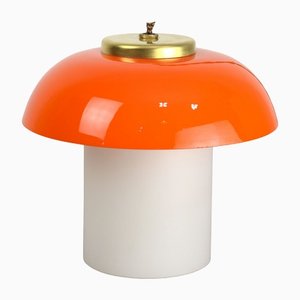 Mid-Century Mushroom Tischlampe aus orangefarbenem Glas & Messing