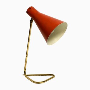 Large Mid-Century Modern Brass Table Lamp with Brick Red Shade, 1950s
