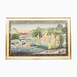 Artista indio, escena figurativa, años 70, pintura sobre lienzo, enmarcado