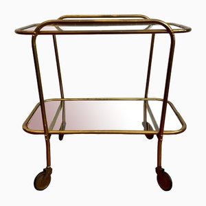 Golden Brass Bar Cart with Tops in Glass on Rubber-Tired Wheels, 1930s