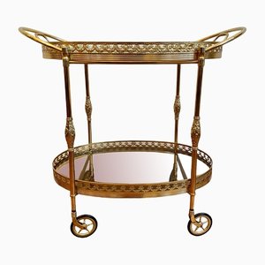 Neoclassical Style Brass Serving Trolley with Glass Plates, 1950s
