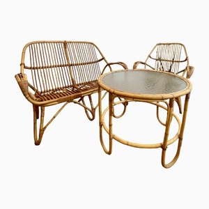 Bamboo Bench with Table and Armchair, 1970s, Set of 3