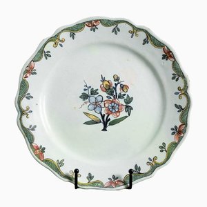 18th Century Plate with Flowers and Ornate Frieze from Rouen Faience